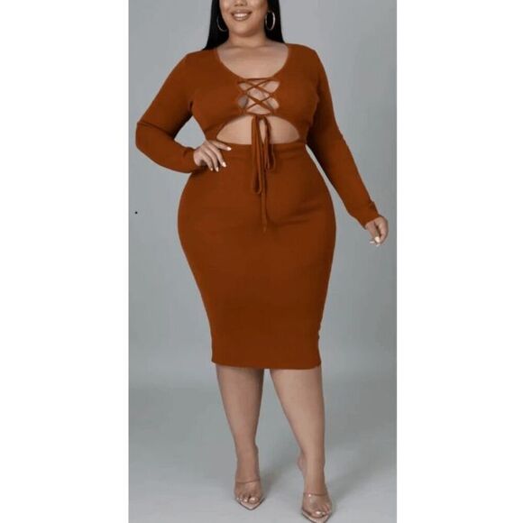 GoodTimesUSA Burnt Orange Copper Stretch Midi Dress Cut Outs Laced Front Size 3X - Picture 1 of 13